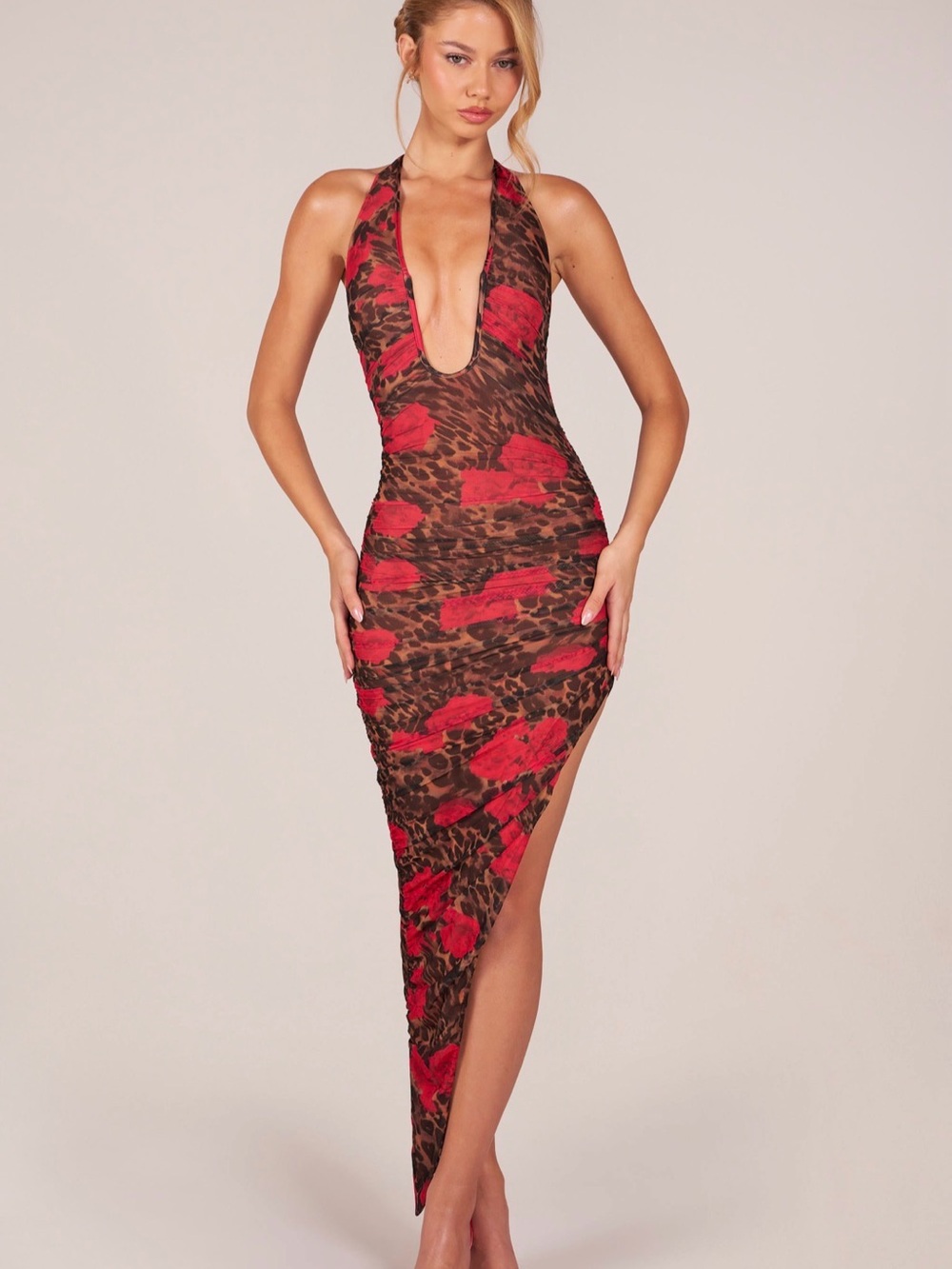 Oh Polly Storie Red Leopard-Print Halter Dress